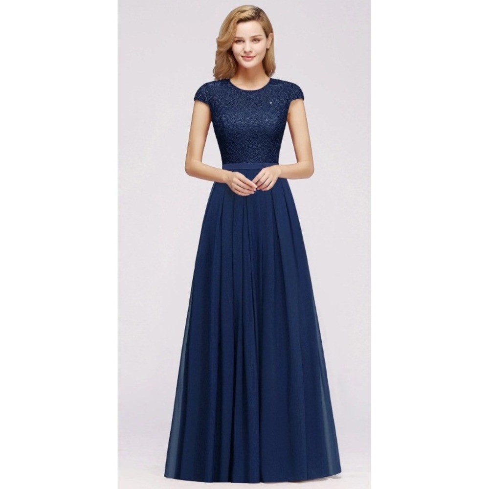 Dressystar Lace Chiffon Maxi Dress Women Medium Navy Blue Cap Sleeve Gown